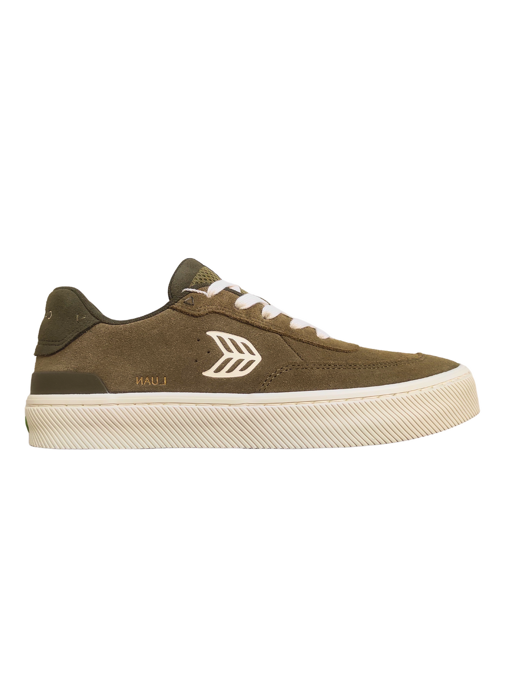 Cariuma Luan Pro Shoes | Olive Green Suede Ivory Logo Burnt Olive