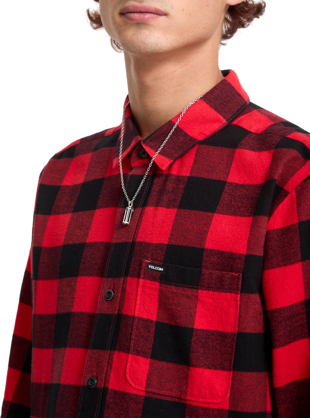 Volcom Caden Plaid Shirt camisa manga larga hombre detail 2 | Lifeguard Red