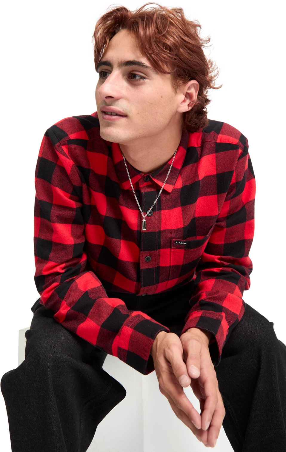 Volcom Caden Plaid Shirt camisa manga larga hombre detail 3 | Lifeguard Red